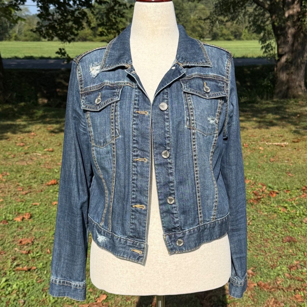 a.n.a A New Approach Womens Blue Distressed Denim Jacket Size L RN93677 Y2K 90s